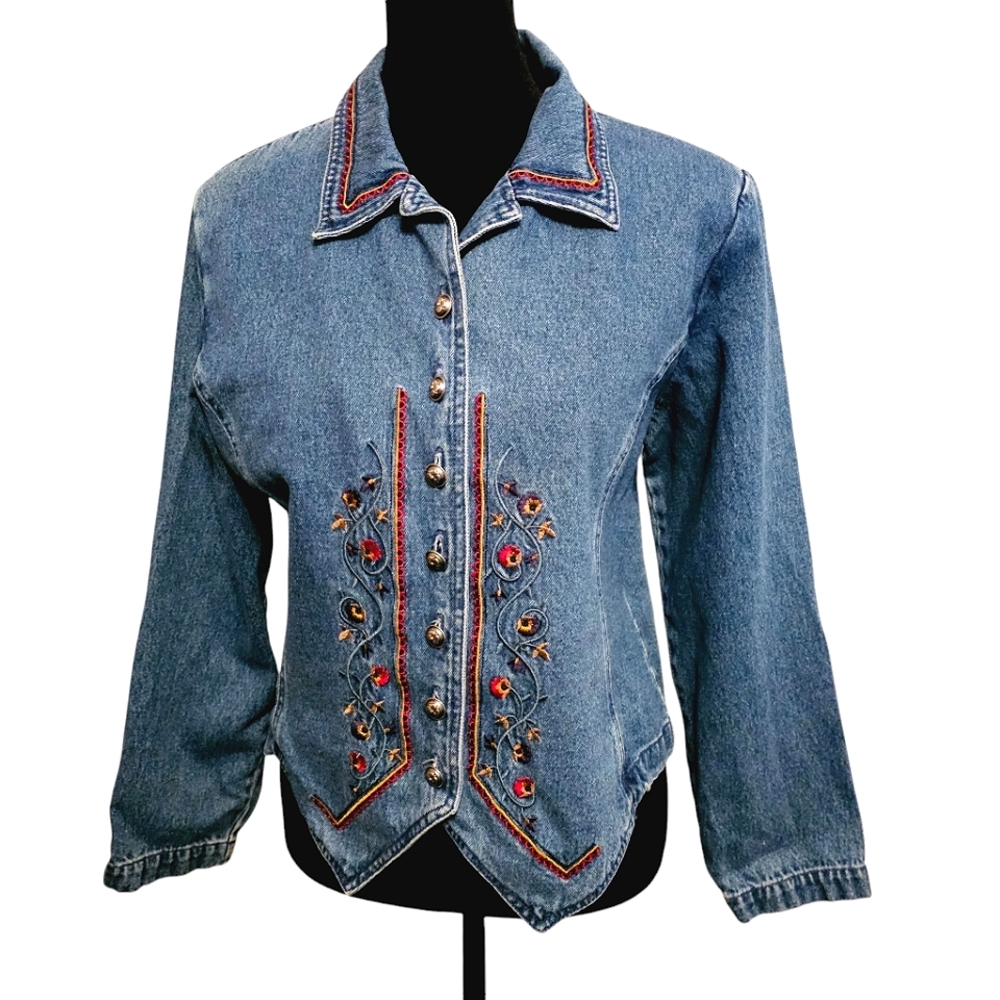 Vtg 90s Stonebridge Embroidered Floral Denim Jacket